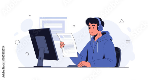 Young man with headphones working on computer, holding document, modern workspace illustration