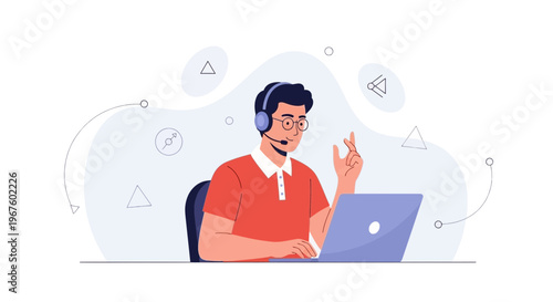 Customer service agent with headset and laptop, providing online support and consultation.