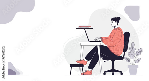 Woman working on laptop at desk, home office, remote work, illustration