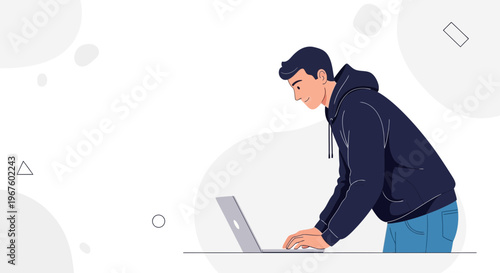 Young man in hoodie working on laptop, modern flat design, abstract background