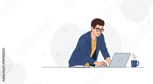 Young Man Working on Laptop with Coffee, Modern Office Workspace, Illustration