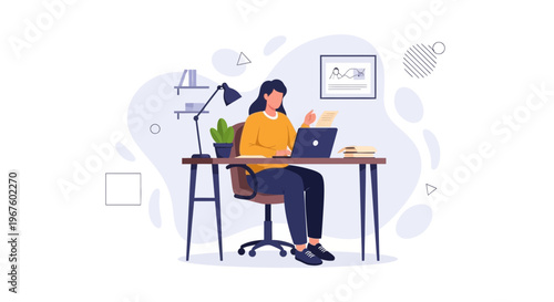 Woman working on laptop at desk, remote work, home office, study, freelance