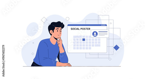 Man thinking about social media poster planning and scheduling on calendar