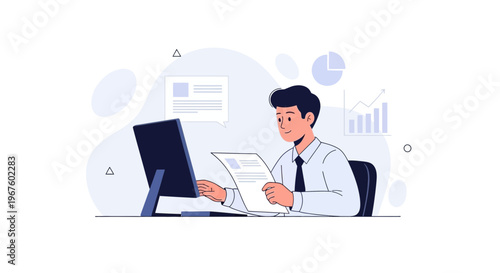 Man working on computer and analyzing documents, business analytics concept
