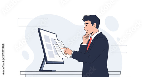 Businessman analyzing documents on computer screen, focused on work, modern office illustration