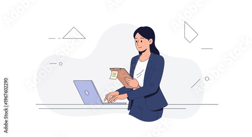 Businesswoman working on laptop with clipboard, modern office illustration