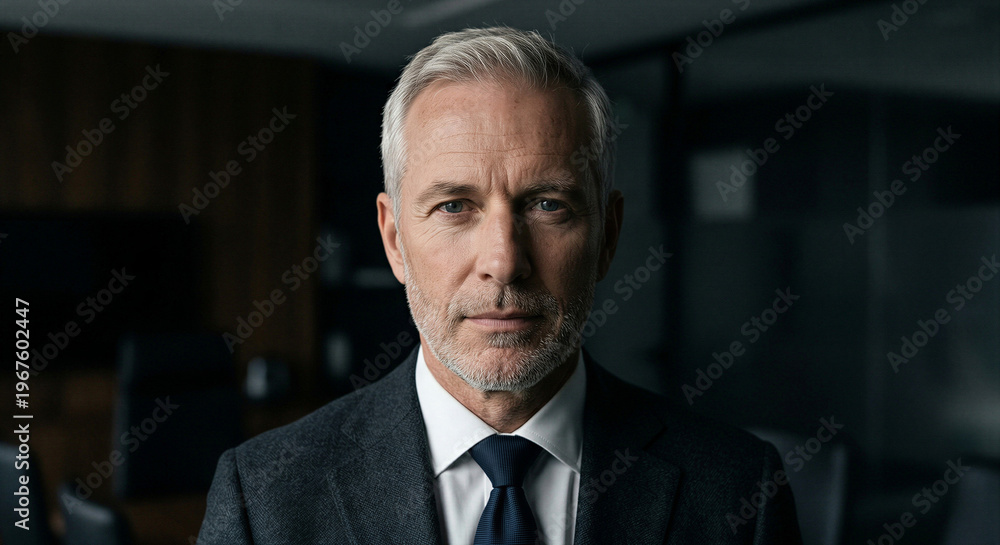 Naklejka premium Senior business executive in dark office as leadership and authority concept 
