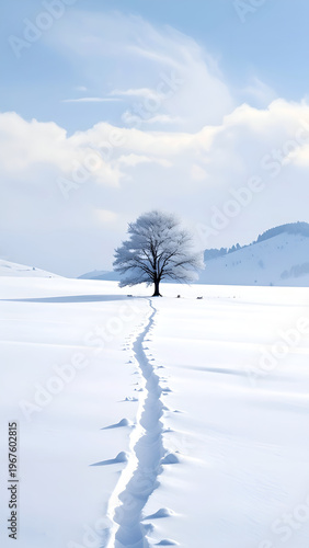 Solitary Tree in Winter Wonderland - A Path Through the Snow.