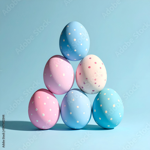 Pastel Easter Eggs Stacked in a Pyramid on Blue Background.