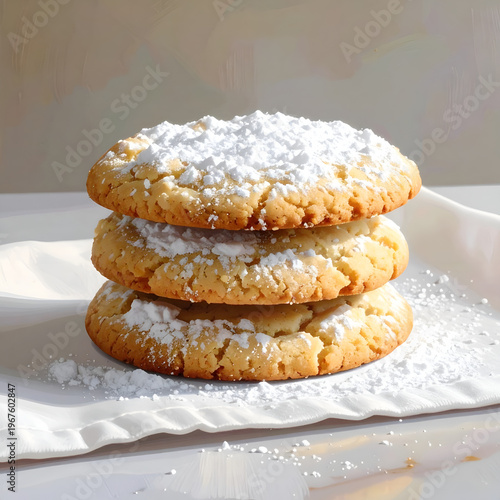 Stack of Powdered Sugar Cookies on White Cloth, Close-Up.