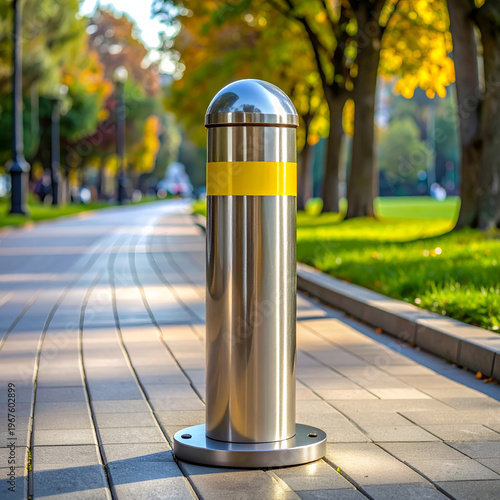 Stainless Steel Bollard in Urban Park Setting for Security.