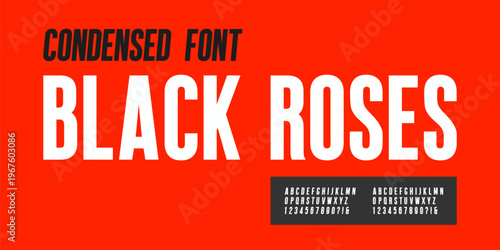 Condensed sans serif font alphabet in bold black style with clean modern look. Narrow typography set including uppercase letters, numbers, and punctuation. Perfect for branding, posters, headlines.