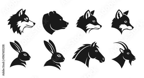Collection of Black Silhouette Animal Heads Vector Art.