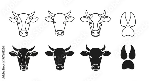 Collection of cow head outlines and silhouettes with paw prints, depicting various bovine breeds and animal tracks.