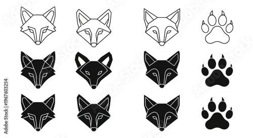 Collection of Fox Head Icons and Fox Paw Prints.