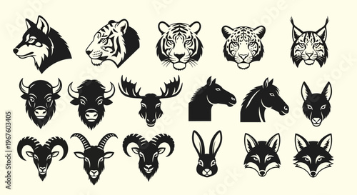 Collection of wild animal head silhouettes.