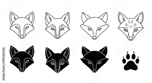 Fox Head Icons And Paw Print Collection.