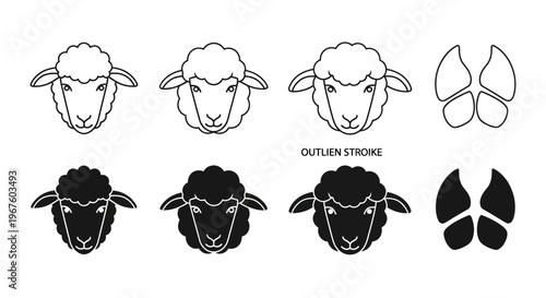 Group Of Sheep Heads In Black And White.