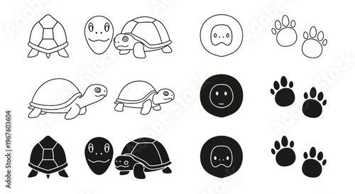 Set of turtle illustrations and footprints in various styles, perfect for educational materials or animal-themed designs.