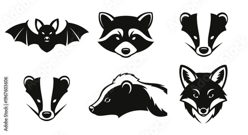 Set of various wild animal heads and full body silhouettes.