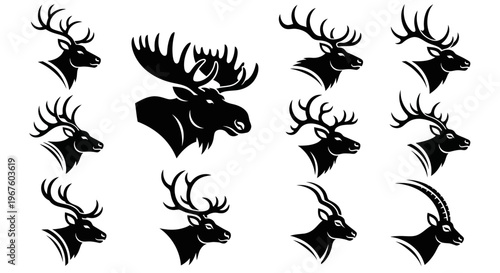 Silhouettes of Stag Heads with Antlers.