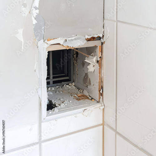 Damaged Wall with Hole Exposing Interior Structure in a Bathroom.