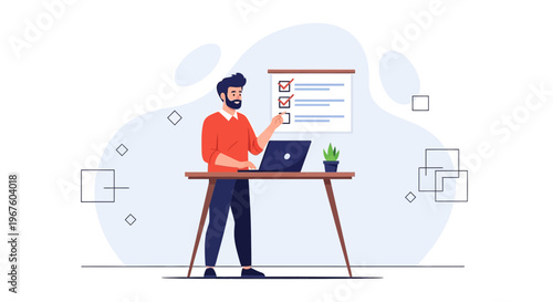 Man checking tasks on a checklist with laptop and plant on desk