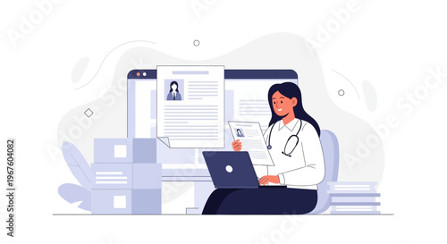 Doctor working on laptop with medical records, online consultation concept