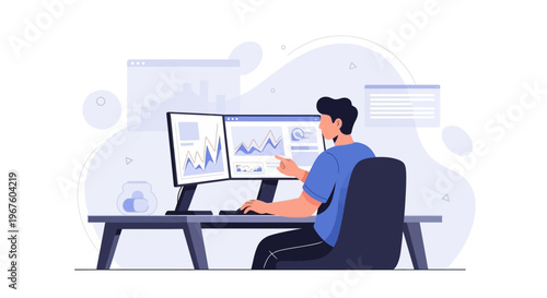 Man working on dual monitors with financial charts, data analysis, remote work