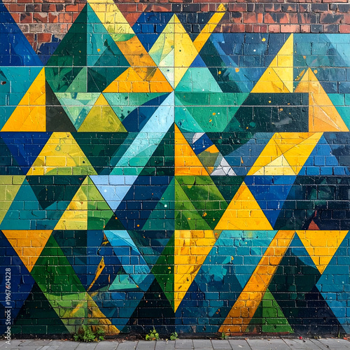 Geometric Triangle Mural Art on Brick Wall.