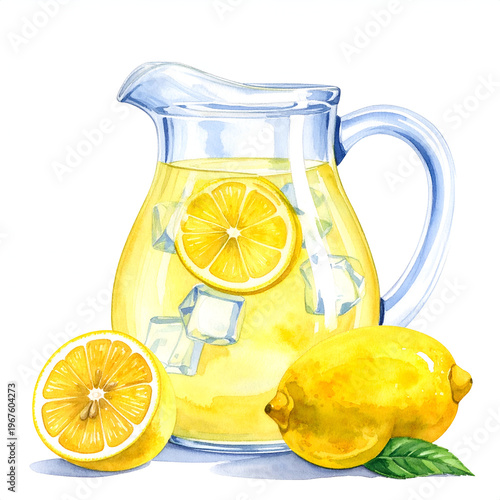 Refreshing Lemonade Pitcher with Lemons and Ice Cubes Illustration.