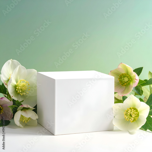 White cube podium with hellebore flowers on green background.