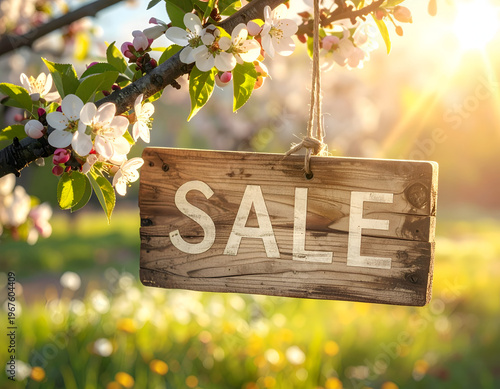 Spring sale announcement with blooming flowers and a rustic wooden sign.
