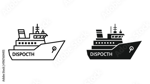 Black and white cargo ship icons with text on hull isolated on white background