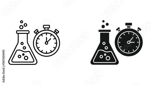 Black and white icons of laboratory equipment with stopwatch timer