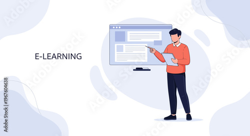 E-learning concept: Man teaching online with tablet and computer screen