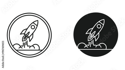 Black and white rocket ship icons in circle and round shapes