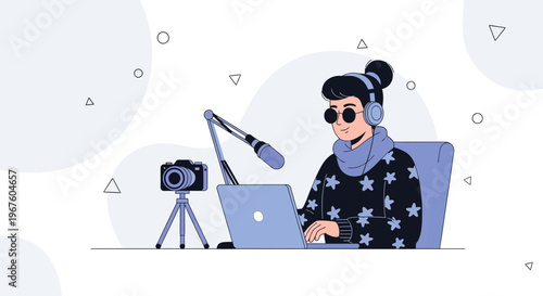 Podcaster with Laptop, Microphone, and Camera for Streaming