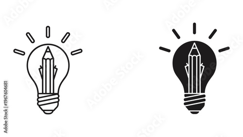 Black and white light bulb icons with pencil inside symbolizing creative ideas on isolated white background