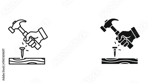 Black and white line icons of hands holding hammers to hit nails