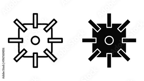 Black and white gear icons with multiple spokes in simple line style isolated on white background