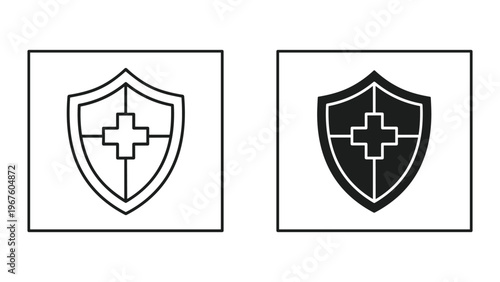 Medical shield icons with cross symbol in black and white