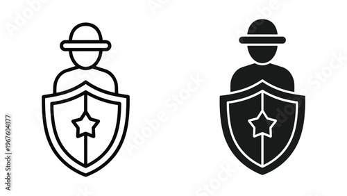 Black and white shield icons with police officer silhouette on white background