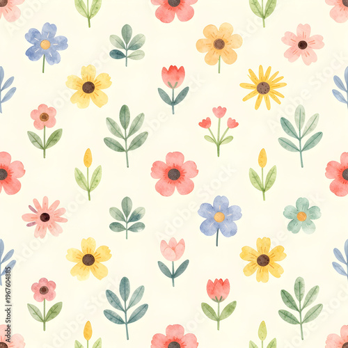 Floral watercolor seamless pattern with cute simple flowers and leaves in pastel colors on ivory background. Handmade illustration for childish fabric, home textile or wrapping paper with summer print