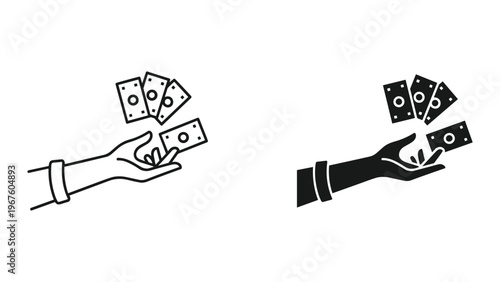 Vector illustration of hands holding banknotes in black and white