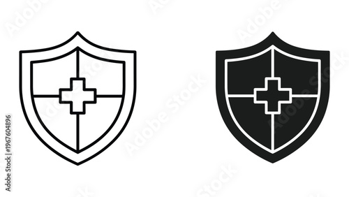 Medical shield icons with cross symbol in black and white for protection