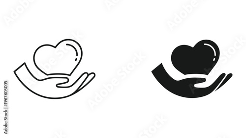 Black and white hand holding heart icons in line and solid styles isolated on white background