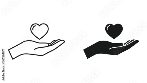 Black and white hand holding heart icons in line art style on white