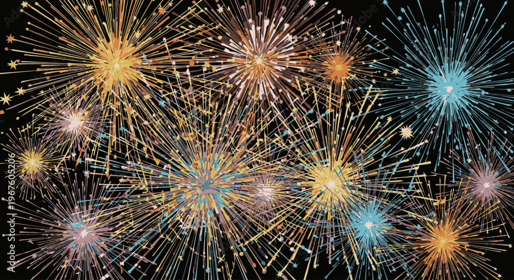 Fototapeta premium Vibrant fireworks exploding in various colors against a dark night sky with a shallow depth of field.