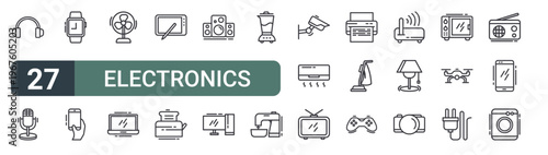set of 27 thin line electronics icons for web, mobile and digital interfaces including headphone, microphone, smartwatch, mobile device, fan, laptop, pen tablet, toaster and speaker. editable stroke
